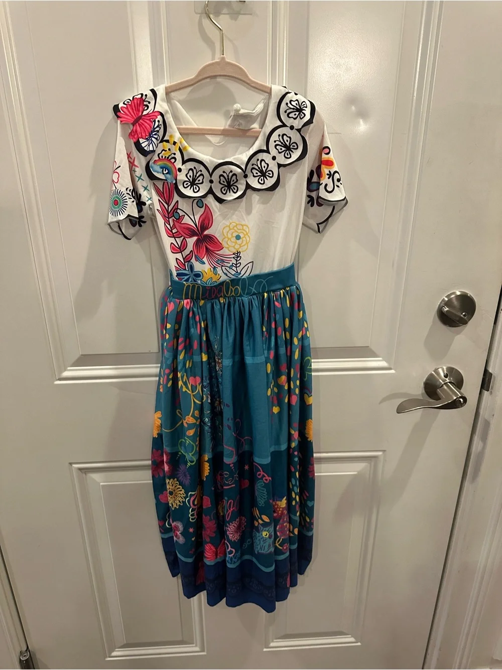 Encanto Mirabel Vibrant Floral Midi Dress with Teal Skirt costume with purse